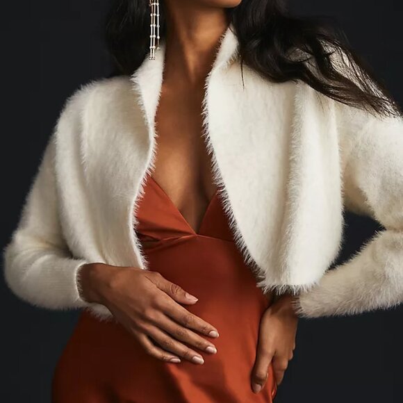 Maeve Cropped Eyelash Cardigan in Ivory, SIZE L - Picture 1 of 6